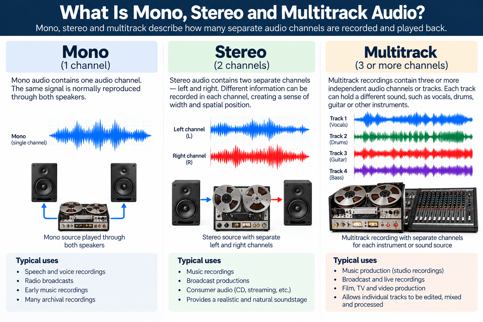 Diagram explaining mono, stereo and multitrack audio